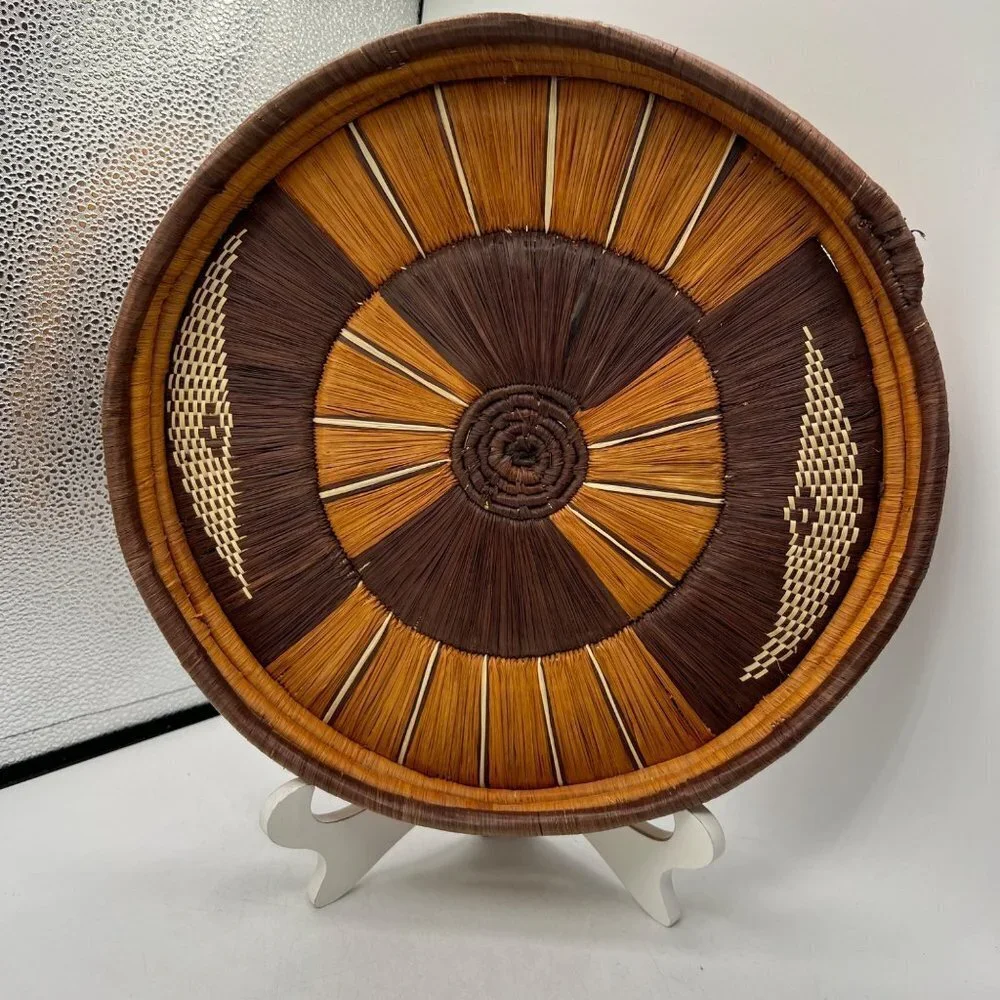 Vintage Basket Hand Woven Tray Round Design Black Raffia Natural Grass 12” Wall